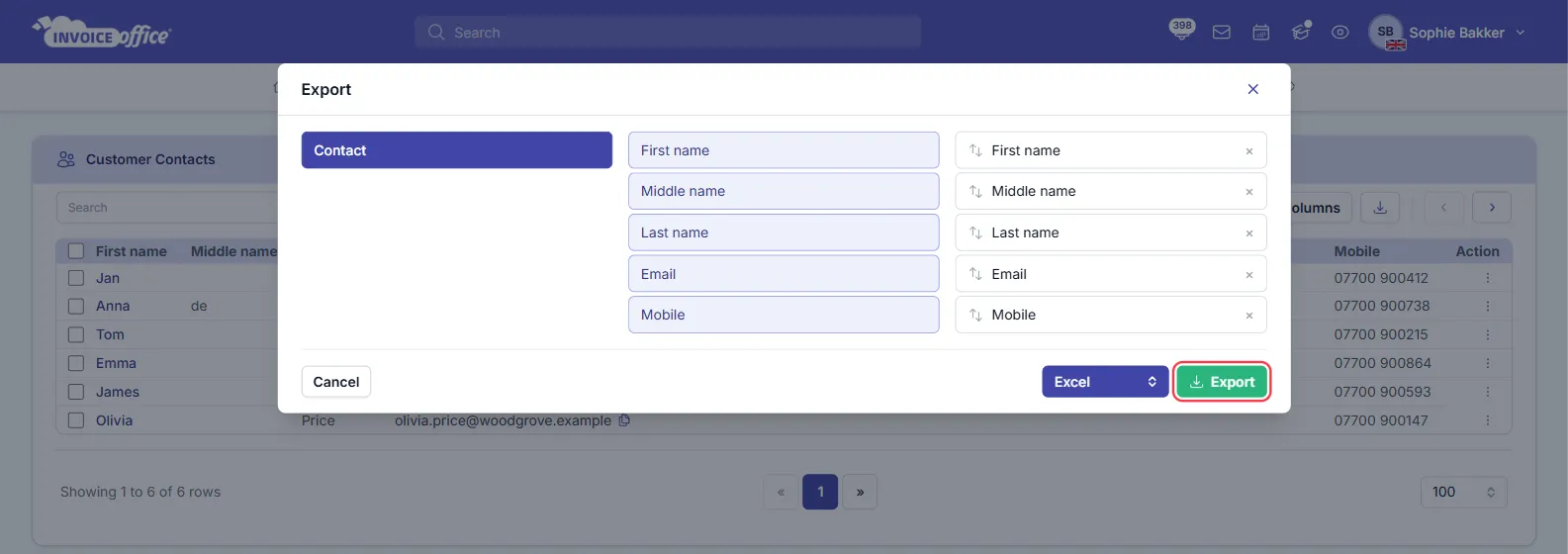 The Export window on the Invoice Office Customer Contacts list with First name, Middle name, Last name, Email and Mobile chosen, the format set to Excel and the Export button outlined in red