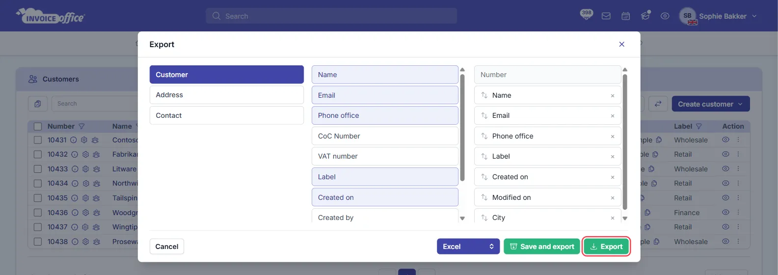 The Export window for customers in Invoice Office with the Customer group open; Name, Email, Phone office, Label, Created on, Modified on and City chosen on the right after Number, the format set to Excel and the Export button outlined in red