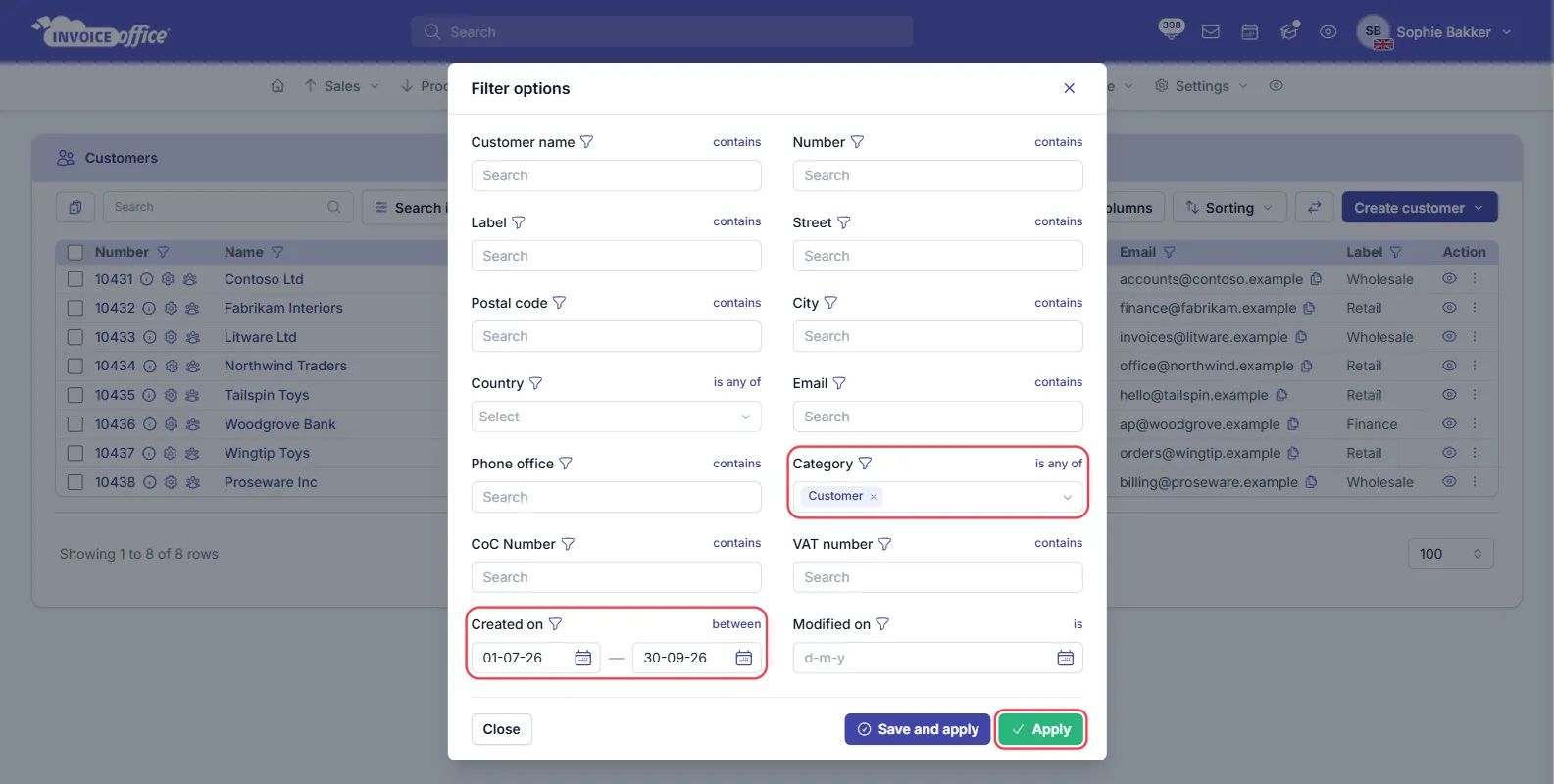 The Filter options window on the Invoice Office customers list with Category set to Customer and Created on set between 01-07-26 and 30-09-26; both fields and the Apply button are outlined in red