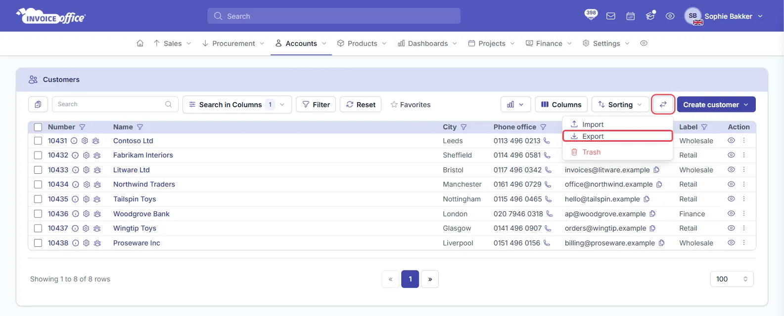 The Invoice Office customers list with eight customers and the Import / Export menu open on Import, Export and Trash; the ⇄ Import / Export button and Export are outlined in red