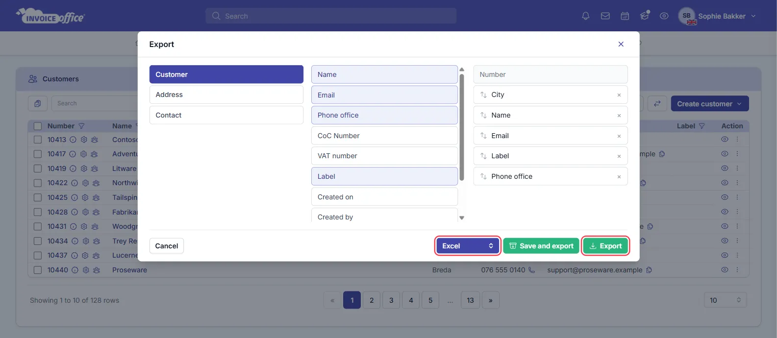 The Invoice Office Export window for customers, with the Customer, Address and Contact groups on the left, the Customer fields in the middle and the chosen columns Number, City, Name, Email, Label and Phone office on the right; the format set to Excel and the Export button are outlined in red