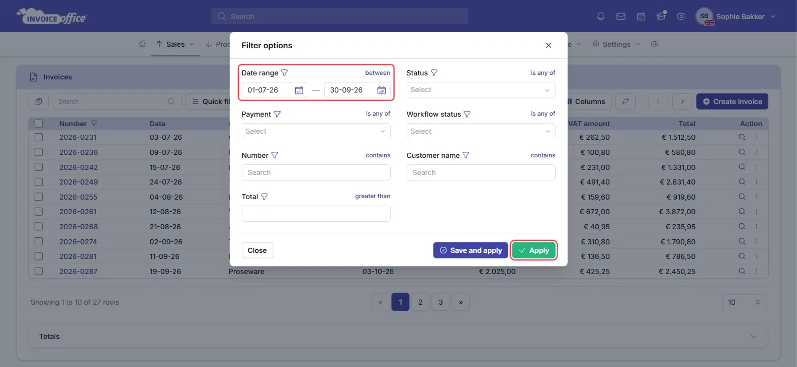 The Filter options window on the Invoice Office invoices list with Date range set between 01-07-26 and 30-09-26, plus Status, Payment, Workflow status, Number, Customer name and Total filters; the Date range fields and Apply are outlined in red