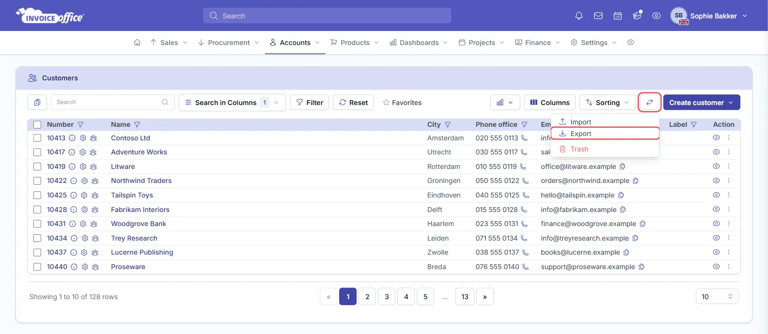 The Invoice Office customers list with the Import / Export menu open on Import, Export and Trash; the ⇄ Import / Export button and Export are outlined in red