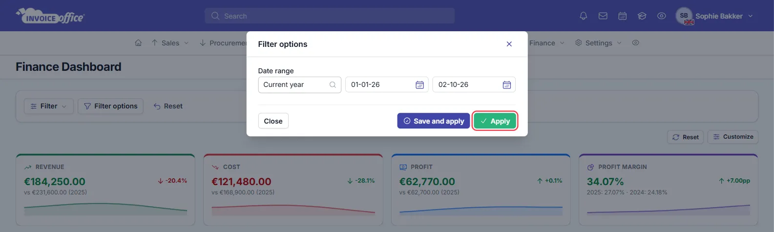 The Filter options window with Date range set to Current year, from 01-01-26 to 28-09-26, and the buttons Close, Save and apply and Apply; Apply is outlined in red