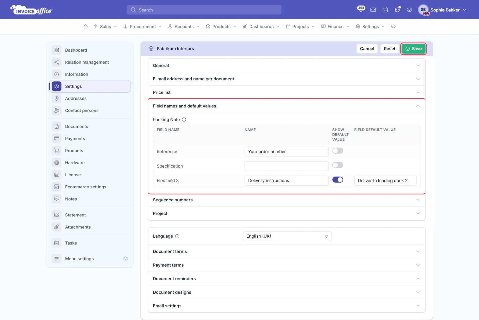 The Settings page of customer Fabrikam Interiors in Invoice Office with Field names and default values open: under Packing Note, Reference renamed Your order number and Flex field 3 renamed Delivery instructions with Show default value on and the default value Deliver to loading dock 2; the section and the Save button are outlined in red