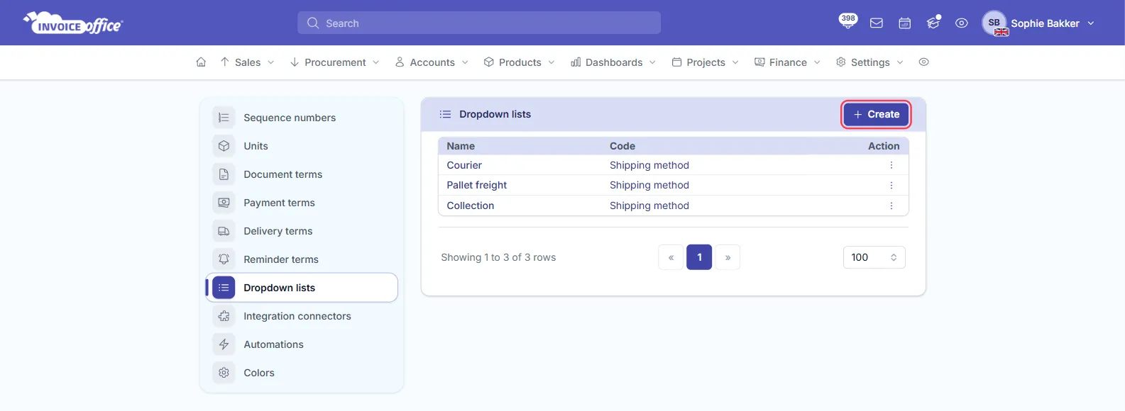 The Dropdown lists page in Invoice Office Settings with three values, Courier, Pallet freight and Collection, all with the code Shipping method; the Create button is outlined in red