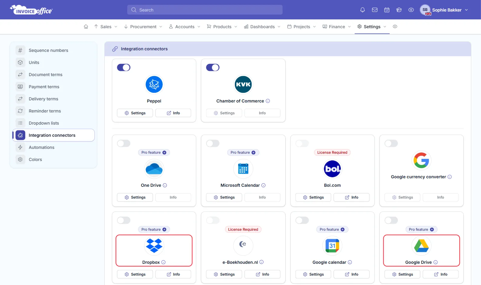 The Integration connectors page in Invoice Office with the Dropbox and Google Drive connector cards outlined in red, each with Settings and Info buttons