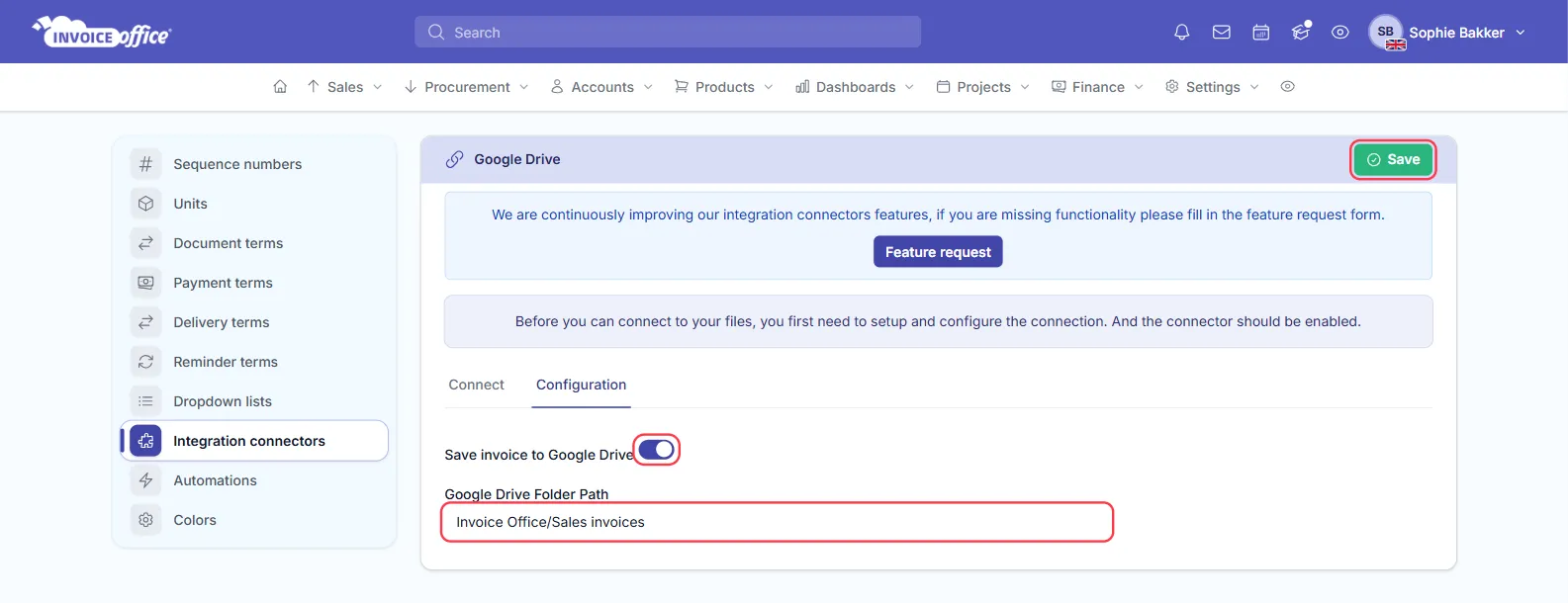 The Configuration tab of the Google Drive connector in Invoice Office with Save invoice to Google Drive switched on and the Google Drive Folder Path set to Invoice Office/Sales invoices; the switch, the folder path and Save are outlined in red