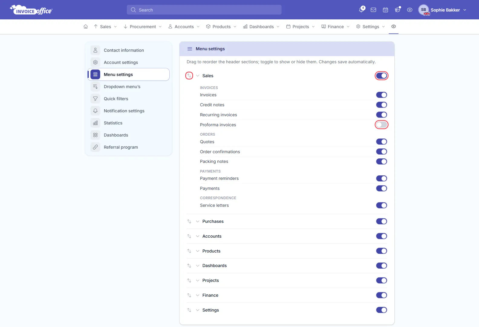 The Menu settings page in Invoice Office with the Sales section open, listing Invoices, Credit notes, Recurring invoices, Proforma invoices, Quotes, Order confirmations, Packing notes, Payment reminders, Payments and Service letters, with Proforma invoices switched off; the Sales drag handle, the Sales switch and the Proforma invoices switch are outlined in red