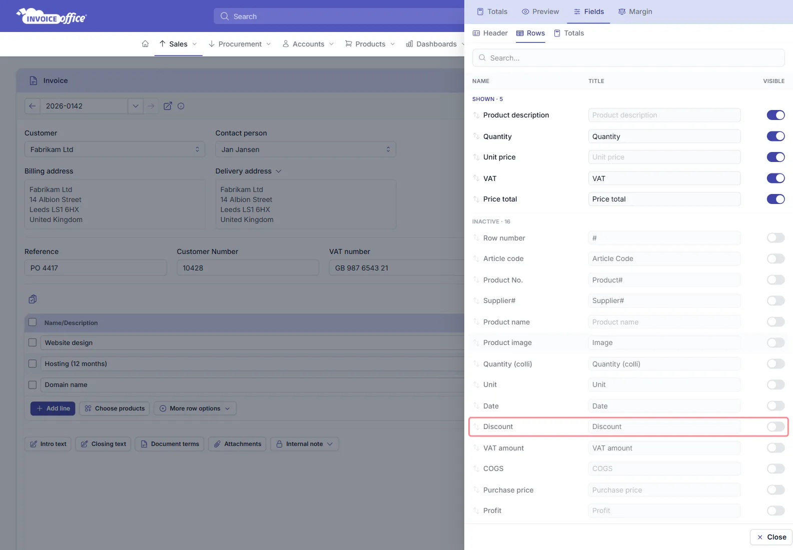 The Display Columns panel open on an Invoice Office invoice, on its Fields tab with Header, Rows and Totals sub-tabs, five shown columns and sixteen inactive ones; the Discount row and its switch are outlined in red