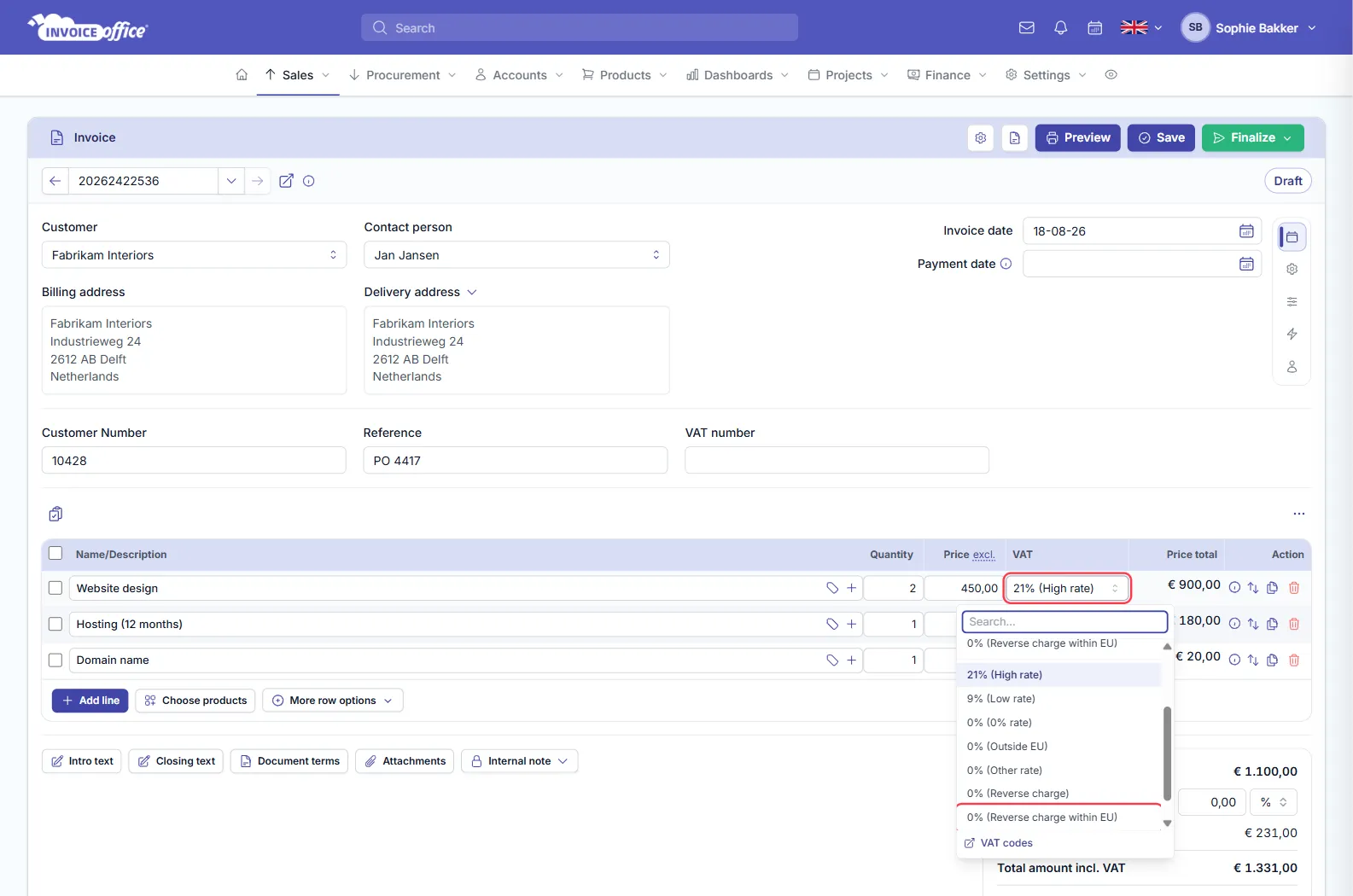 An Invoice Office invoice for Fabrikam Interiors with three lines and the VAT picker open on the first line, listing 21% high rate, 9% low rate and several 0% codes; the VAT cell and the 0% reverse charge within EU code are outlined in red