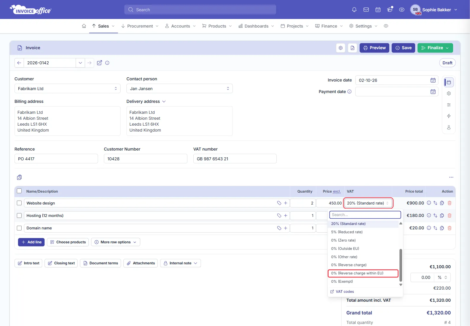 An Invoice Office invoice for Fabrikam Ltd with three lines and the VAT picker open on the first line, listing 20% standard rate, 5% reduced rate and several 0% codes; the VAT cell and the 0% reverse charge within EU code are outlined in red
