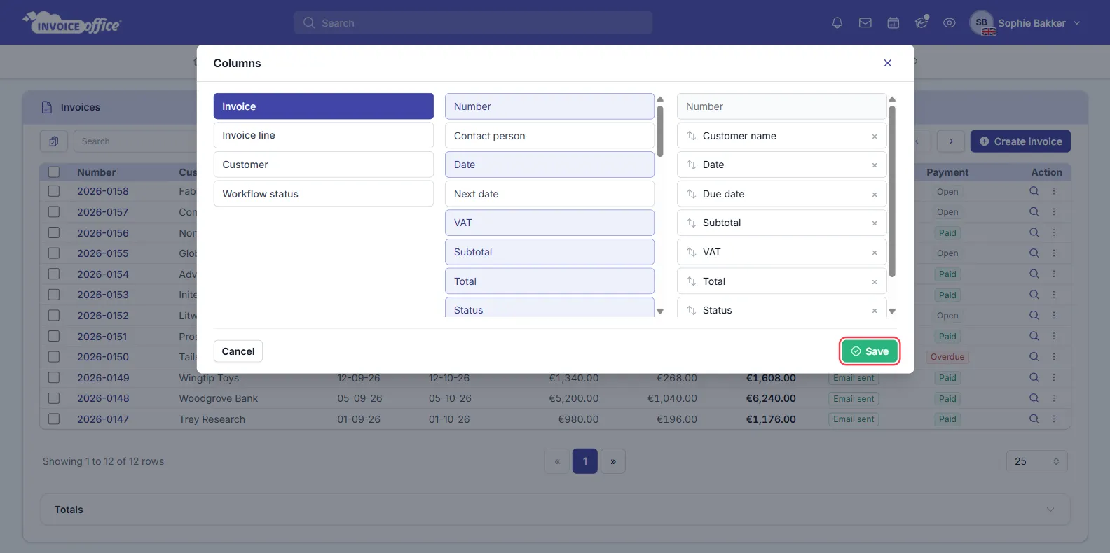 The Columns window on the Invoice Office invoices list, with the Invoice, Invoice line, Customer and Workflow status groups on the left, the Invoice fields in the middle and the chosen columns Number, Customer name, Date, Due date, Subtotal, VAT, Total and Status on the right; the Save button is outlined in red