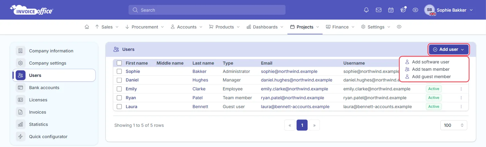 The Add user menu open on the Invoice Office Users page, offering Add software user, Add team member and Add guest member; the Add user button and the menu are outlined in red