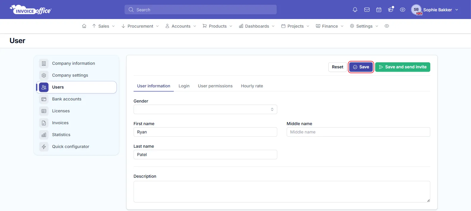 The new user form for a team member in Invoice Office, on the User information tab with Gender, First name Ryan, Middle name, Last name Patel and Description, and Login, User permissions and Hourly rate tabs beside it; the Save button is outlined in red next to Reset and Save and send invite