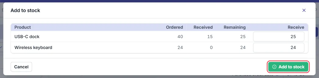 The Add to stock window of a finalised Invoice Office purchase order, listing USB-C dock with 40 ordered, 15 received and 25 remaining, and Wireless keyboard with 24 ordered, 0 received and 24 remaining, with the Receive quantities filled in; the Add to stock button is outlined in red