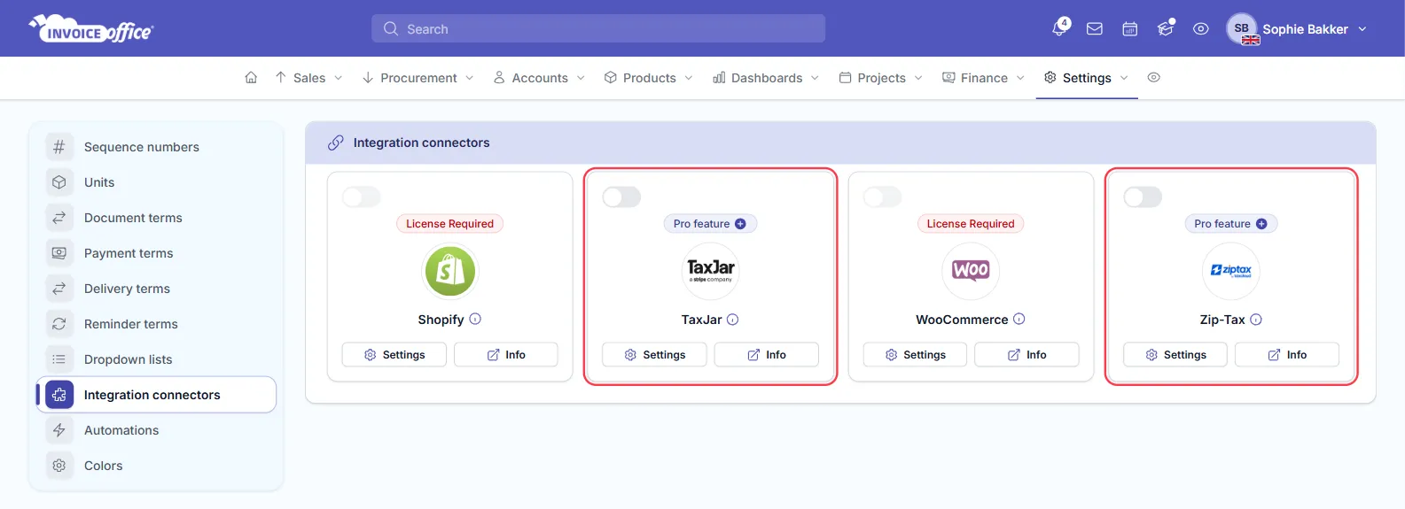 The Integration connectors page in Invoice Office settings with the TaxJar and Zip-Tax tiles outlined in red