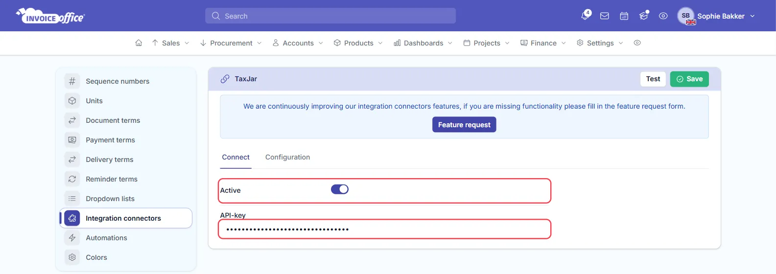 The TaxJar connector's Connect tab with the Active switch and the API-key field outlined in red