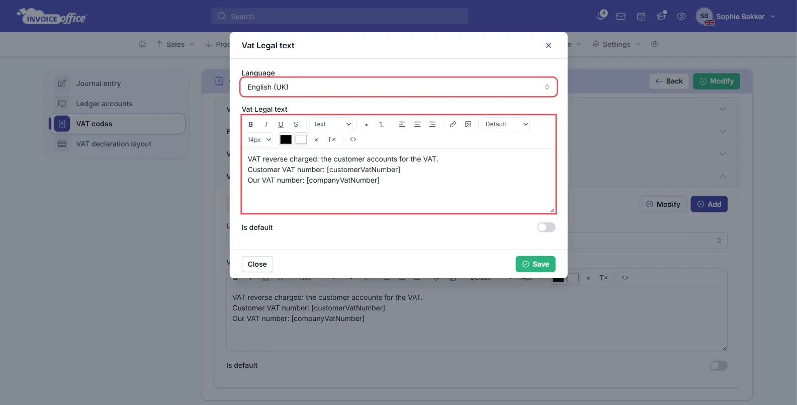 The Add Vat Legal text window in Invoice Office with Language English (UK) and a reverse-charge text using VAT number placeholders, outlined in red