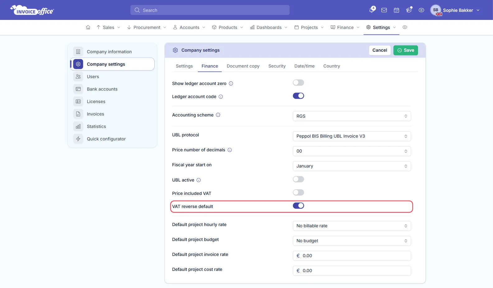 The Finance tab of Invoice Office company settings with VAT reverse default switched on and outlined in red