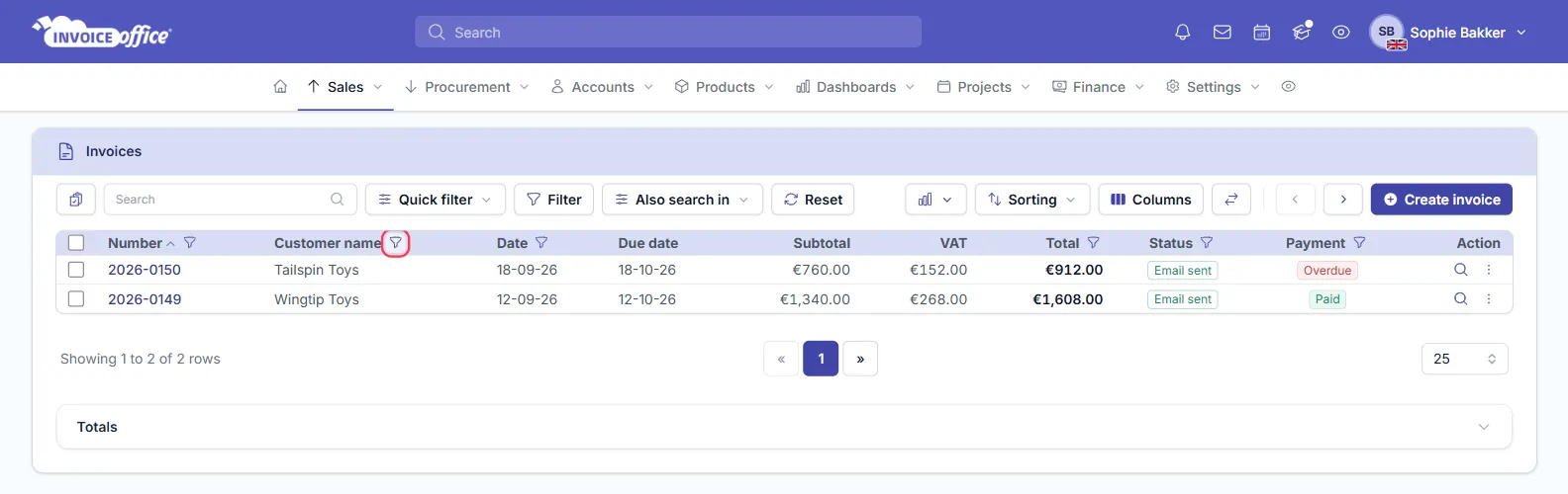 The Invoice Office invoices list filtered on Customer name containing Toys, showing only the invoices for Tailspin Toys and Wingtip Toys and Showing 1 to 2 of 2 rows; the Customer name funnel is outlined in red