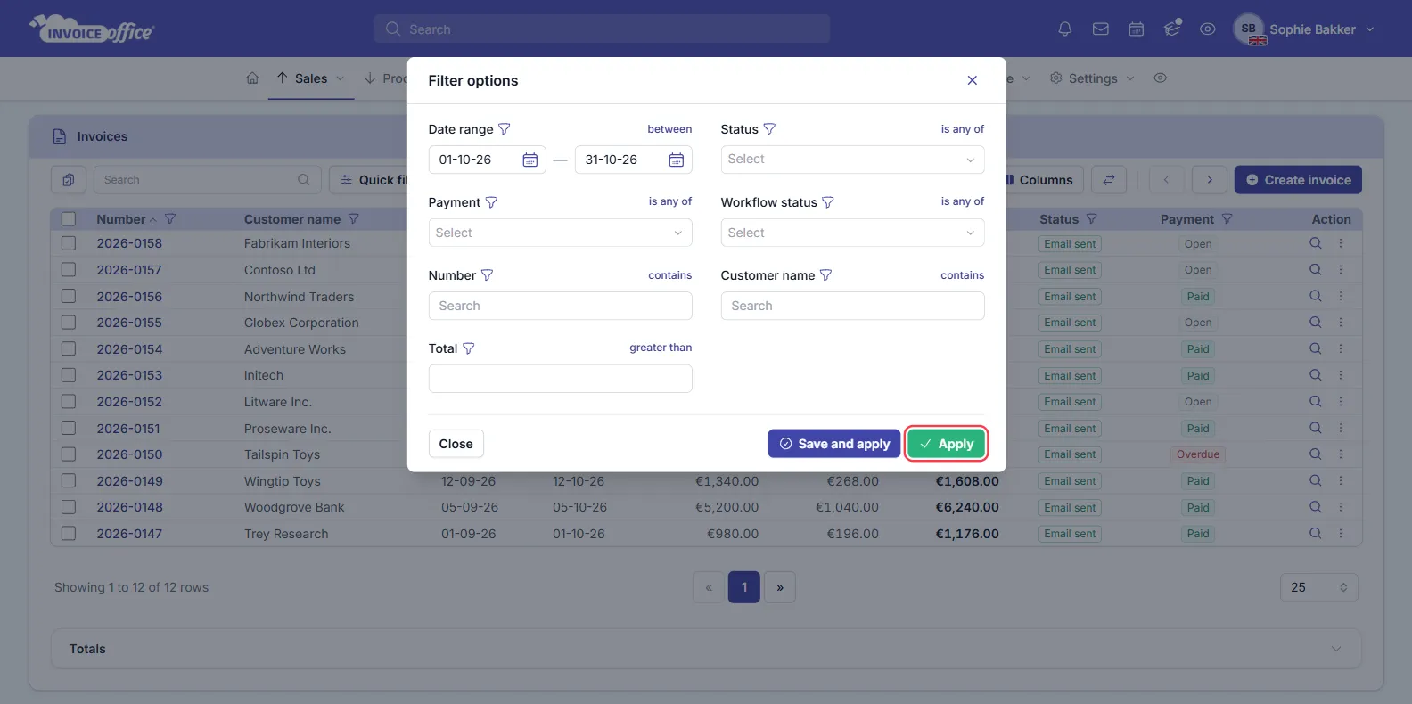 The Filter options window on the Invoice Office invoices list with Date range set between 01-10-26 and 31-10-26, plus the Status, Payment, Workflow status, Number, Customer name and Total filters; the Apply button is outlined in red