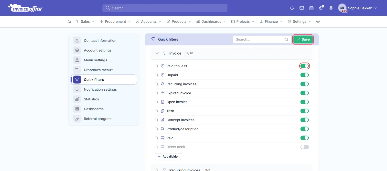 The Quick filters page in Invoice Office with the Invoice section open, listing Paid too less, Unpaid, Recurring invoices, Expired invoice, Open invoice, Task, Concept invoices, Product/description and Paid switched on and Direct debit switched off, plus Add divider; the first switch and the Save button are outlined in red