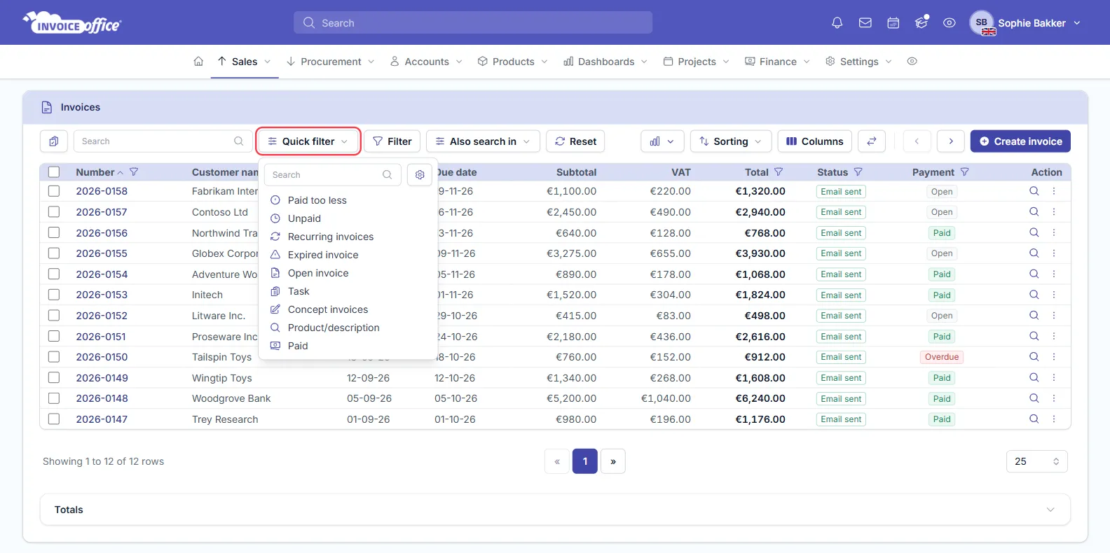 The Quick filter menu open on the Invoice Office invoices list, with a search box, the settings cog and the quick filters Paid too less, Unpaid, Recurring invoices, Expired invoice, Open invoice, Task, Concept invoices, Product/description and Paid; the Quick filter button is outlined in red