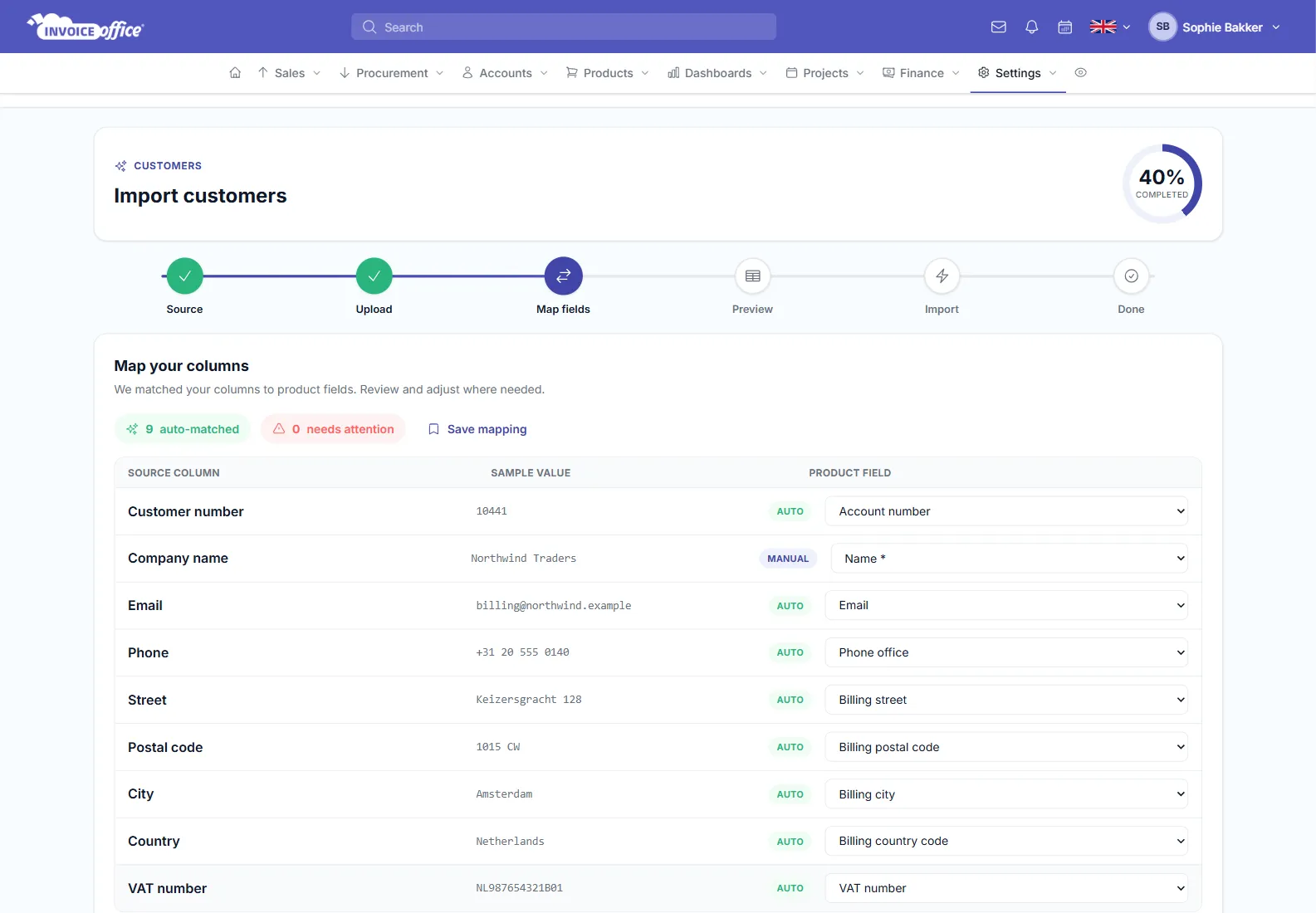 The Map your columns step of the Invoice Office import wizard, with nine auto-matched columns, sample values from the file and a product field dropdown per row