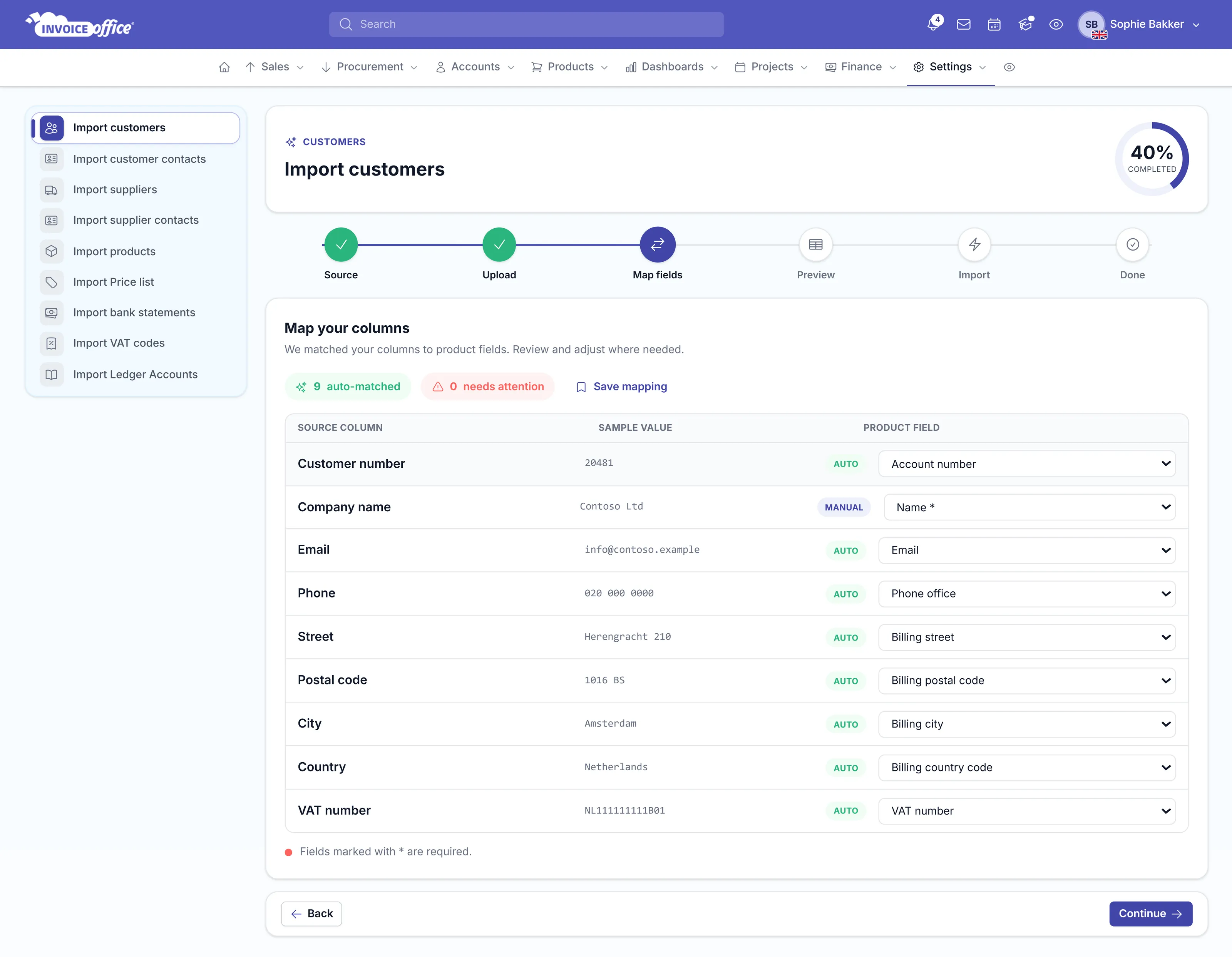 The Map your columns step of the Invoice Office import wizard, with nine auto-matched columns, sample values from the file and a product field dropdown per row