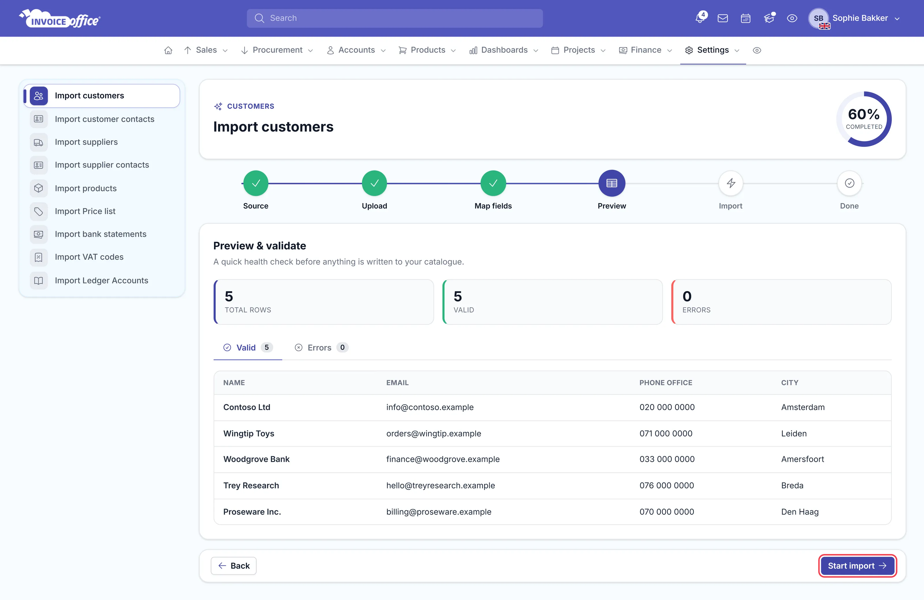 The Preview and validate step of the Invoice Office import wizard showing 5 total rows, 5 valid, 0 errors and the customer rows that will be created; the Start import button is outlined in red