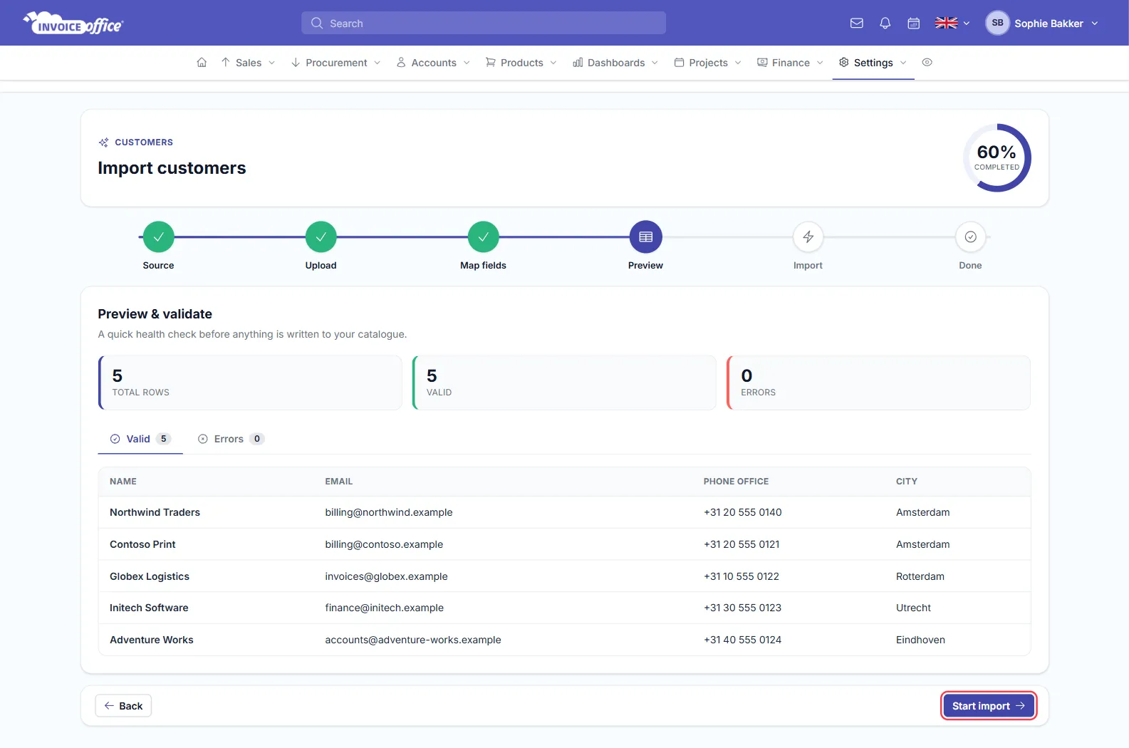 The Preview and validate step of the Invoice Office import wizard showing 5 total rows, 5 valid, 0 errors and the customer rows that will be created; the Start import button is outlined in red