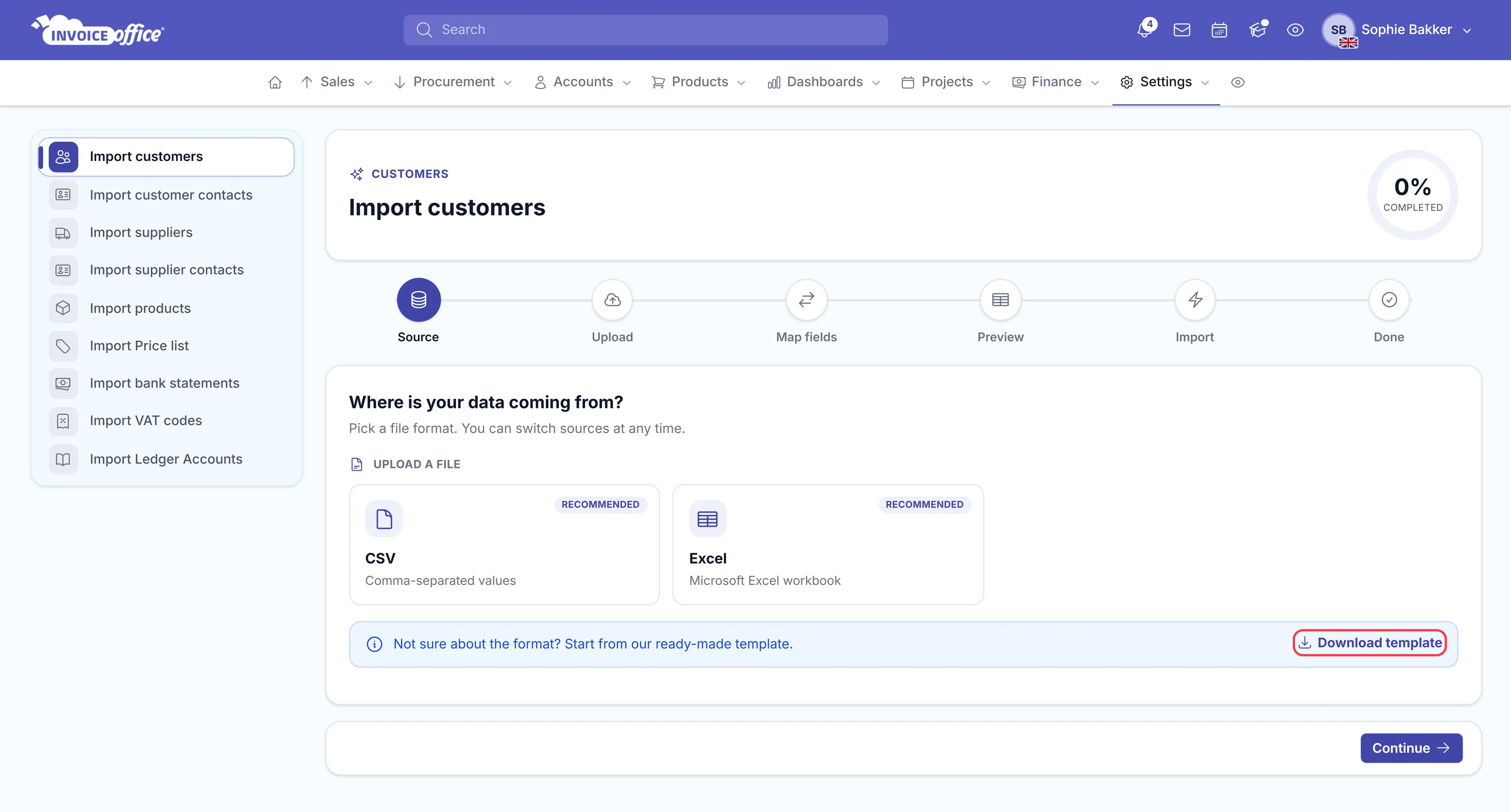 Step one of the Invoice Office import wizard, Where is your data coming from, with CSV and Excel cards and a Download template button outlined in red