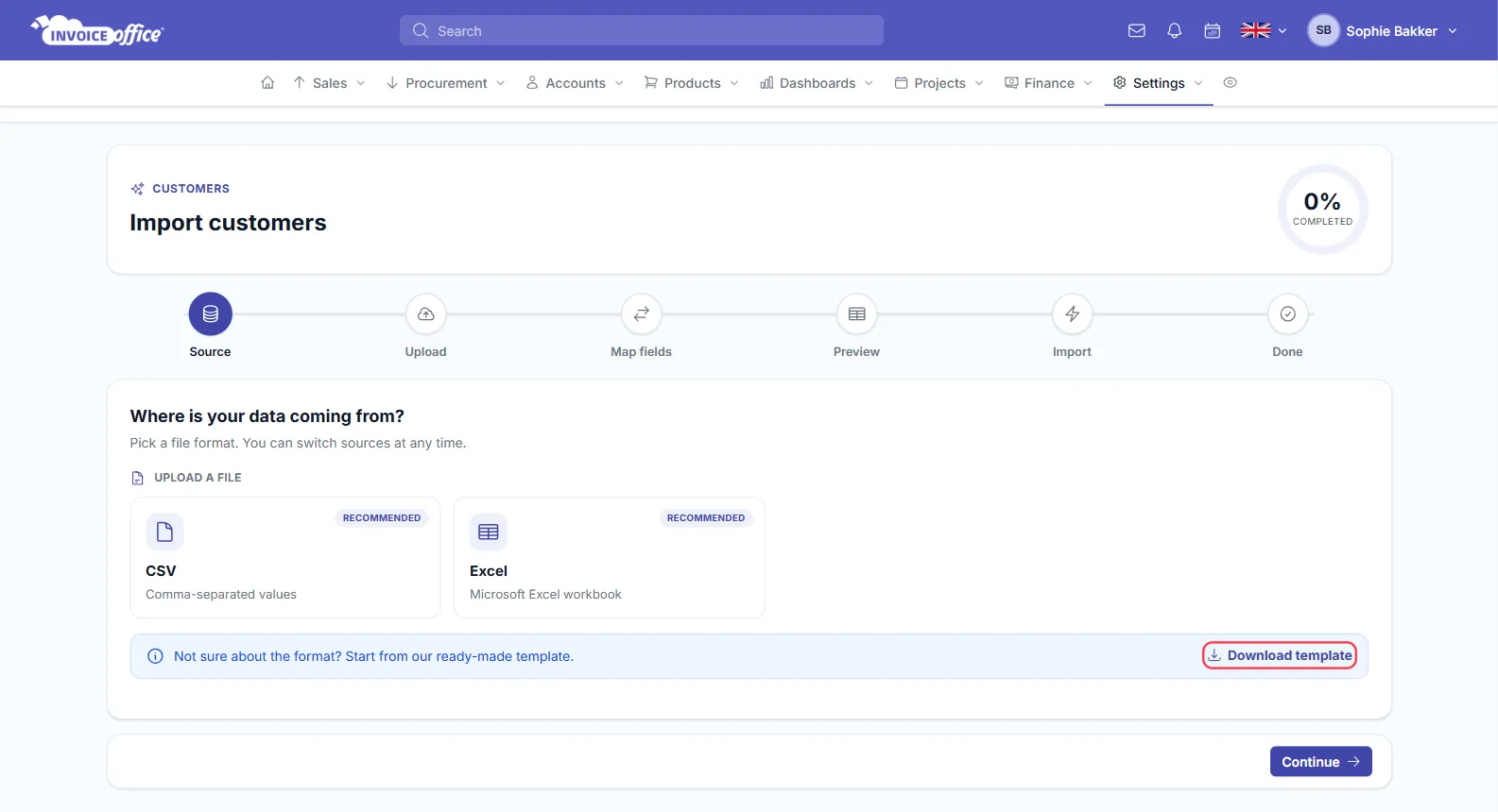 Step one of the Invoice Office import wizard, Where is your data coming from, with CSV and Excel cards and a Download template button outlined in red