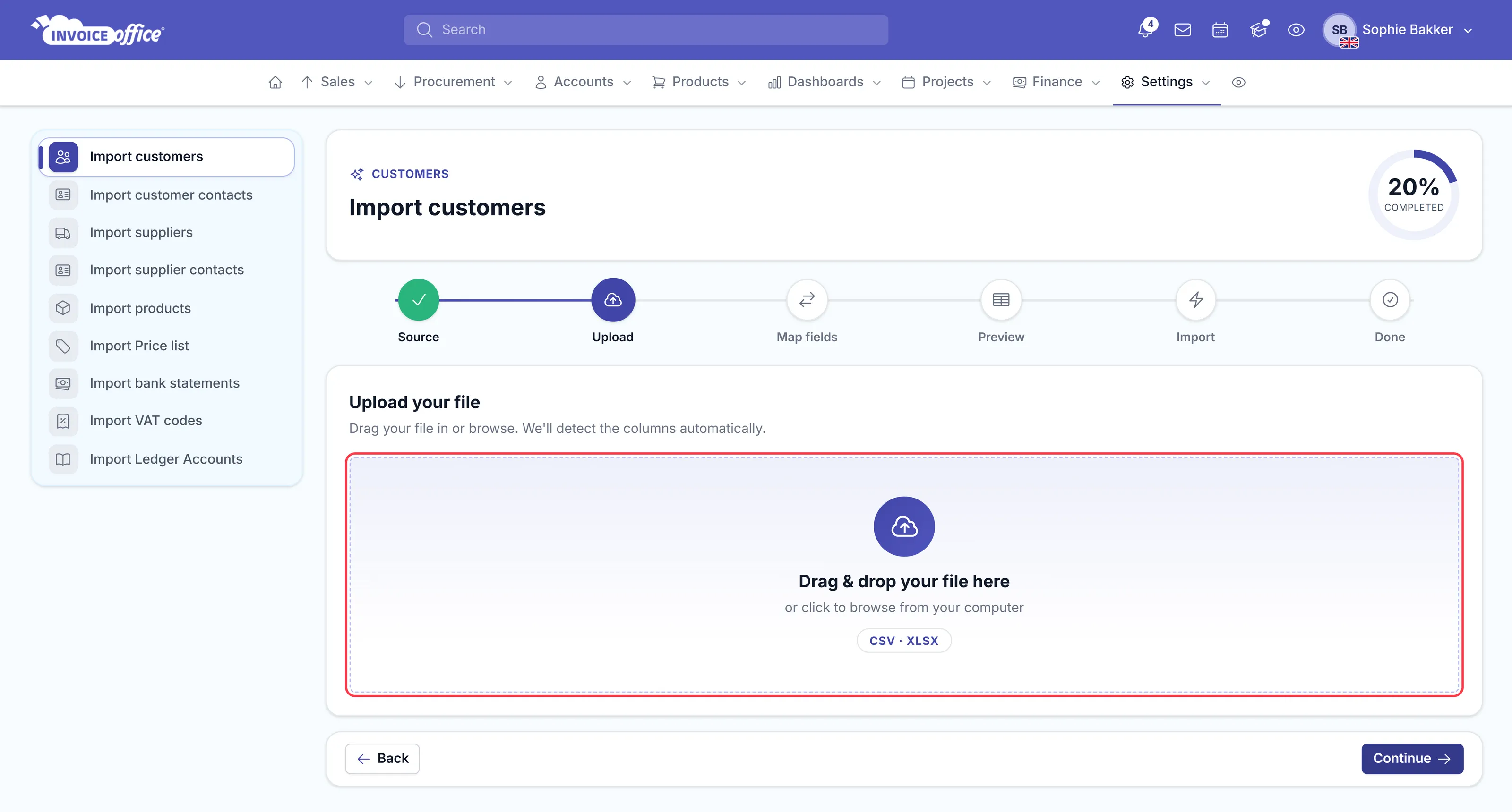 Step two of the Invoice Office import wizard, Upload your file, with a drag and drop zone accepting CSV and XLSX outlined in red