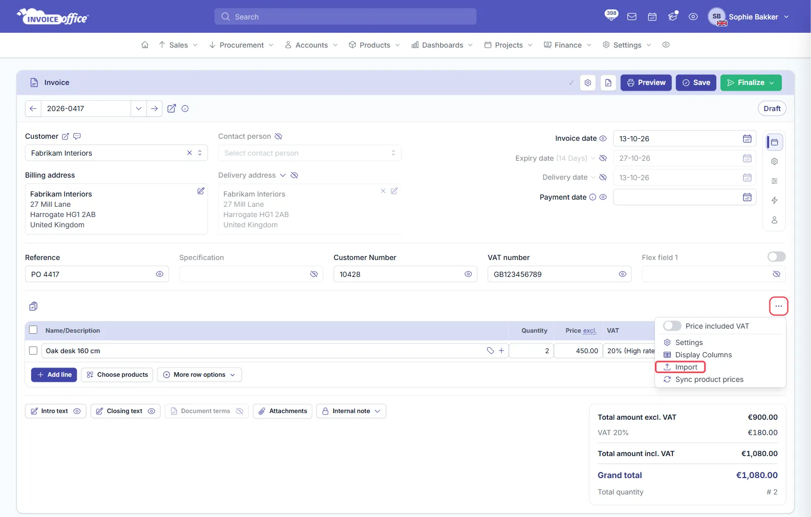 A concept invoice for Fabrikam Interiors in Invoice Office with the ⋯ menu above the product lines open on Price included VAT, Settings, Display Columns, Import and Sync product prices; the ⋯ button and Import are outlined in red