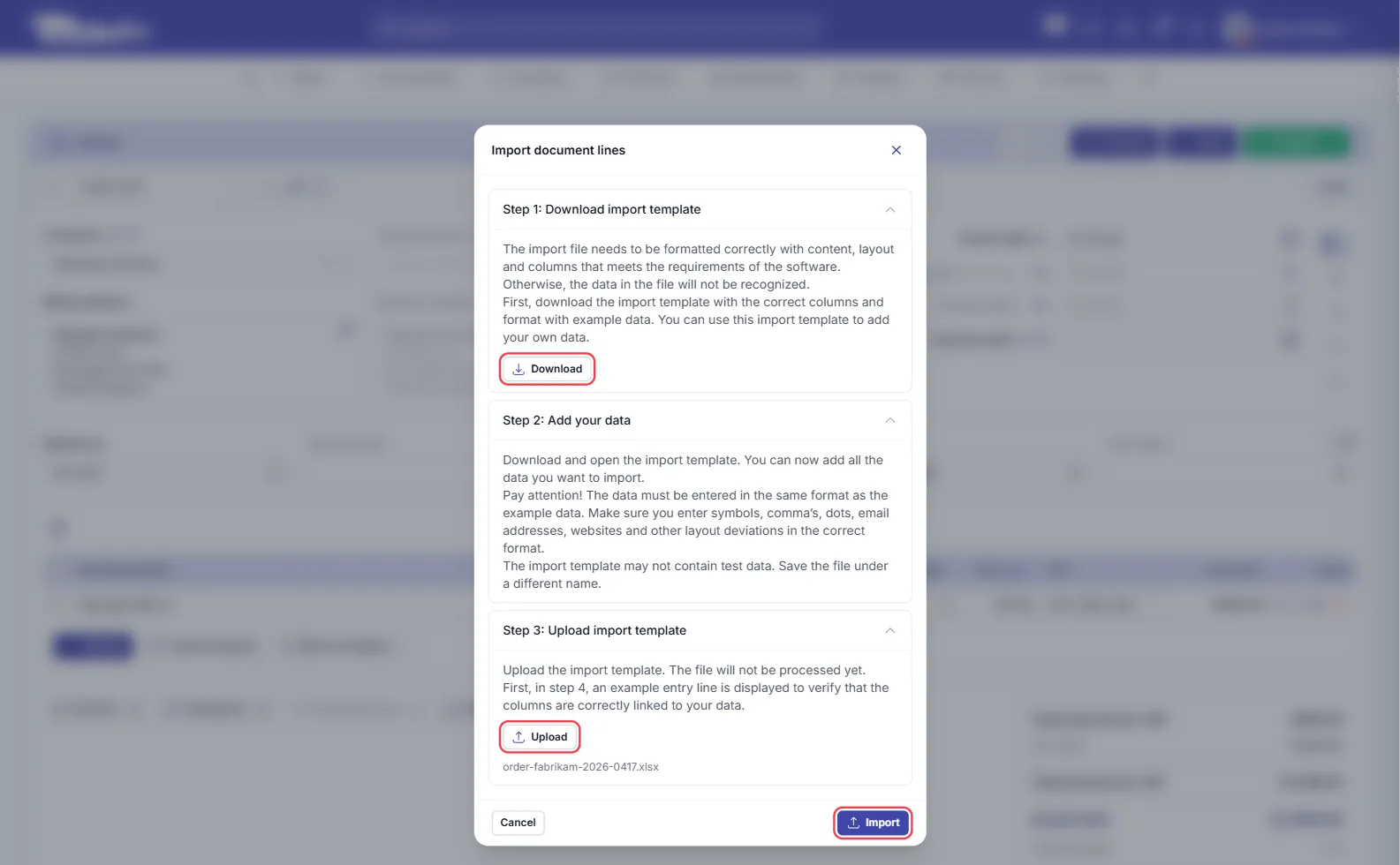 The Import document lines window in Invoice Office with Step 1: Download import template, Step 2: Add your data and Step 3: Upload import template; the Download, Upload and Import buttons are outlined in red