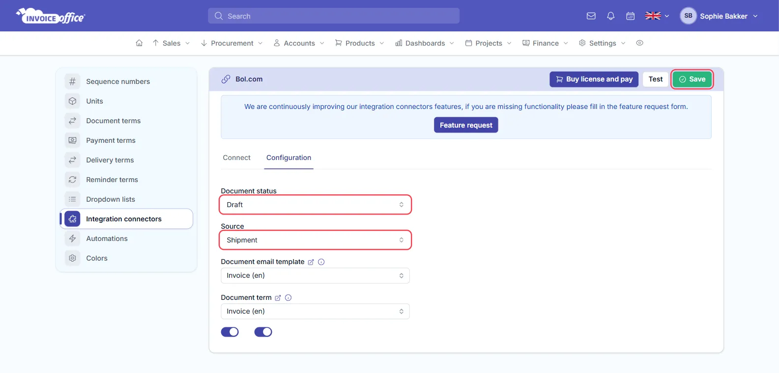 The Configuration tab of the Bol.com connector, with Document status set to Draft, Source set to Shipment, and Document email template and Document term both set to Invoice (en); Document status and Source are outlined in red