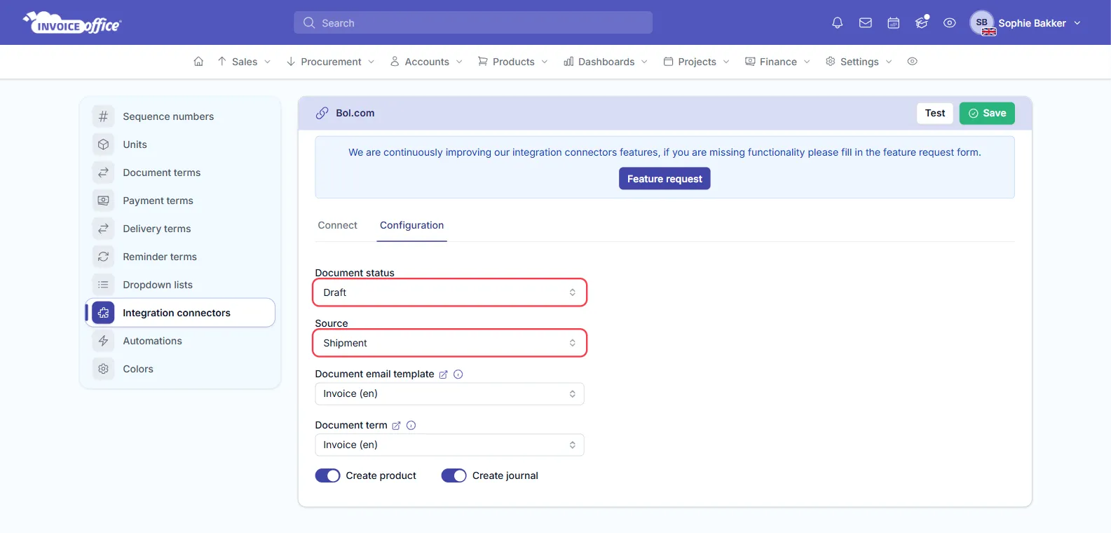 The Configuration tab of the Bol.com connector, with Document status set to Draft, Source set to Shipment, and Document email template and Document term both set to Invoice (en), and the Create product and Create journal switches on; Document status and Source are outlined in red