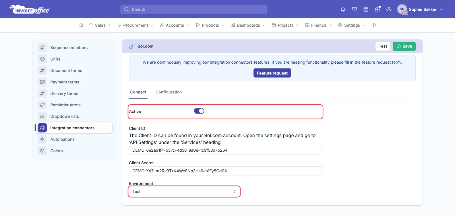 The Bol.com connector settings in Invoice Office, Connect tab, with Active switched on, the Client ID and Client Secret fields filled in and an Environment set to Test; the Active row and the Environment field are outlined in red