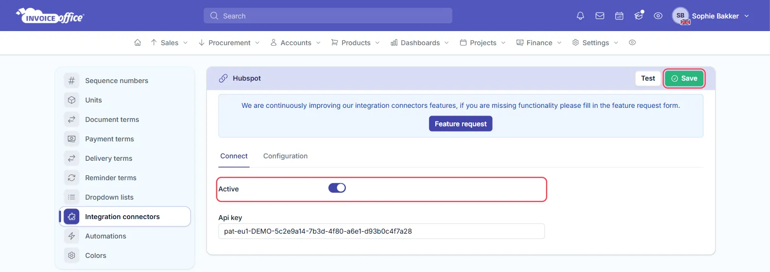 The Hubspot connector settings in Invoice Office, Connect tab, with Active switched on and the Api key field filled in; the Active row and the Save button are outlined in red