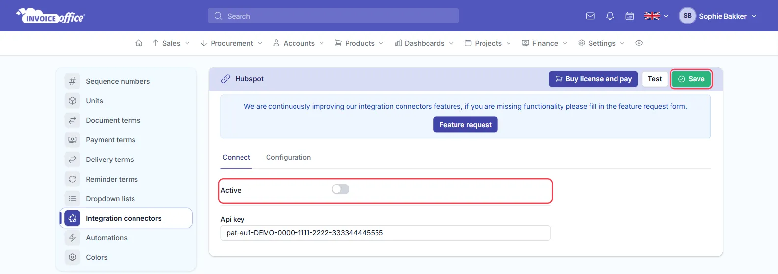 The Hubspot connector settings in Invoice Office, Connect tab, with an Active switch and an Api key field filled in; the Active row and the Save button are outlined in red