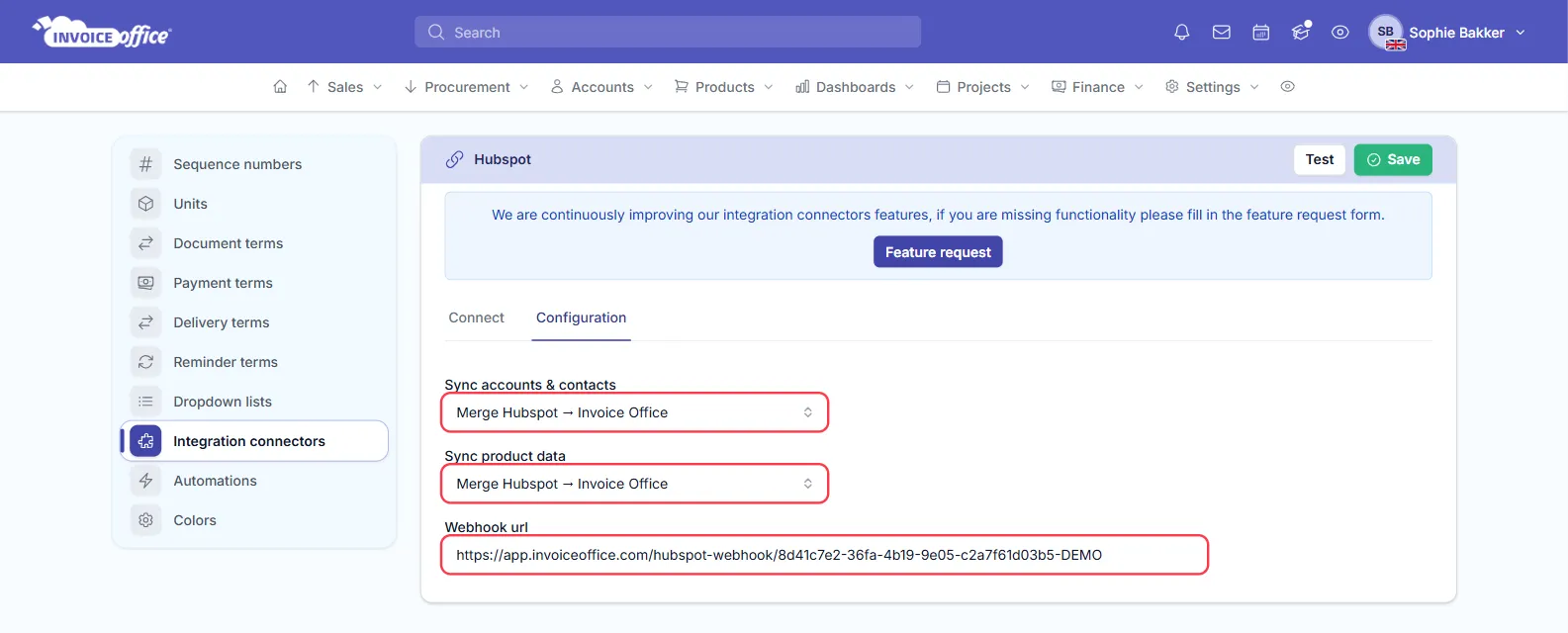 The Configuration tab of the Hubspot connector in Invoice Office, with Sync accounts and contacts and Sync product data both set to Merge Hubspot to Invoice Office, and a Webhook url field below; all three are outlined in red