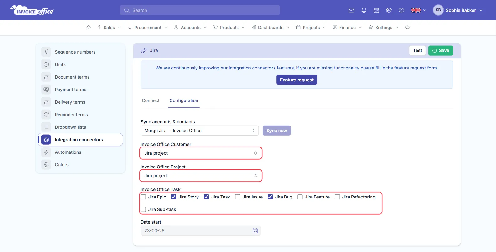 The Configuration tab of the Jira connector in Invoice Office, with Invoice Office Customer and Invoice Office Project both set to Jira project and Jira Story, Jira Task and Jira Bug ticked under Invoice Office Task; the two selects and the task checkboxes are outlined in red