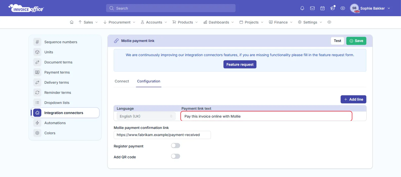 The Configuration tab of the Mollie payment link connector, with a per-language Payment link text table, a Mollie payment confirmation link field and Register payment and Add QR code switches; the link text field is outlined in red