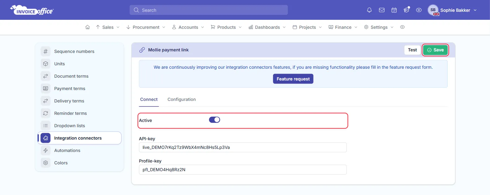 The Mollie payment link connector settings in Invoice Office, Connect tab, with Active switched on and the API-key and Profile-key fields filled in; the Active row and the Save button are outlined in red