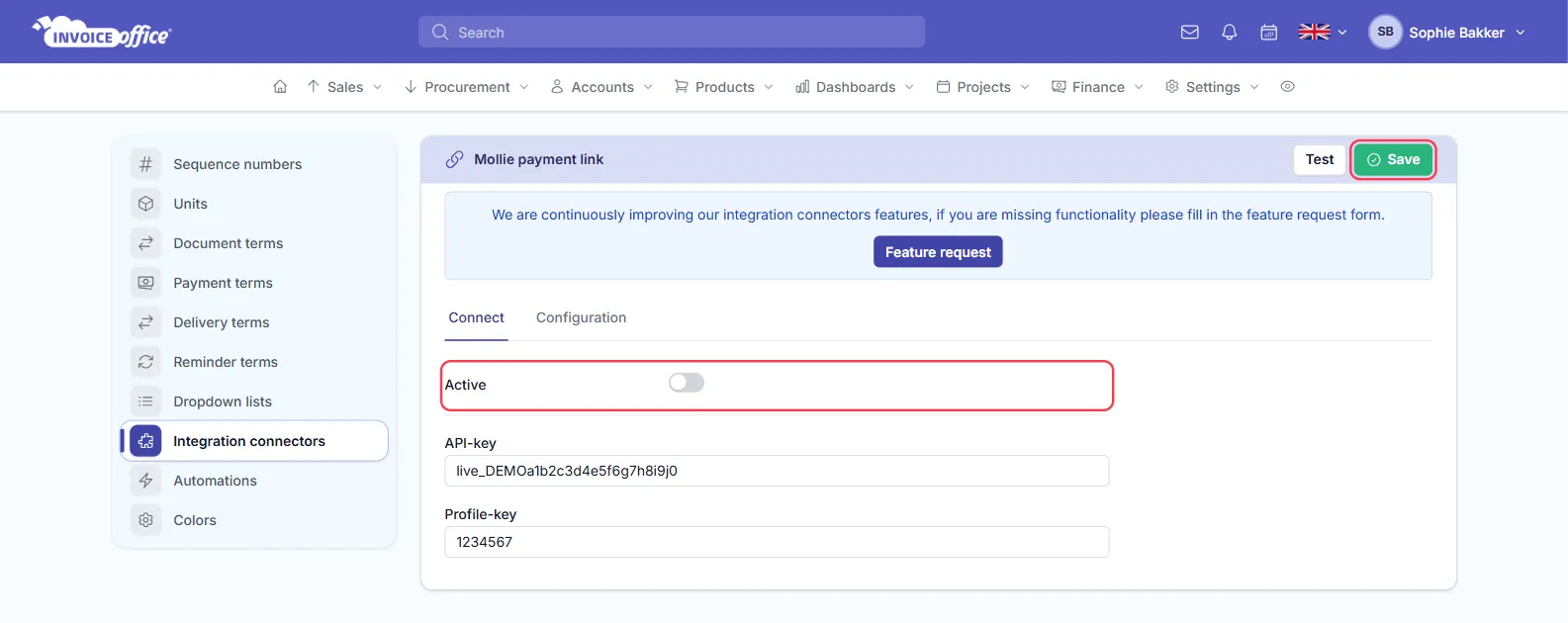 The Mollie payment link connector settings in Invoice Office, Connect tab, with an Active switch and API-key and Profile-key fields filled in; the Active row and the Save button are outlined in red