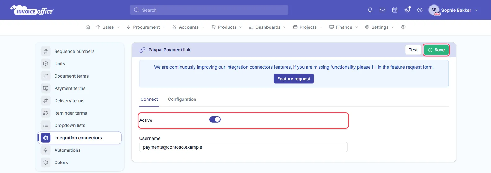 The PayPal payment link connector settings in Invoice Office, Connect tab, with Active switched on and a Username field filled in; the Active row and the Save button are outlined in red