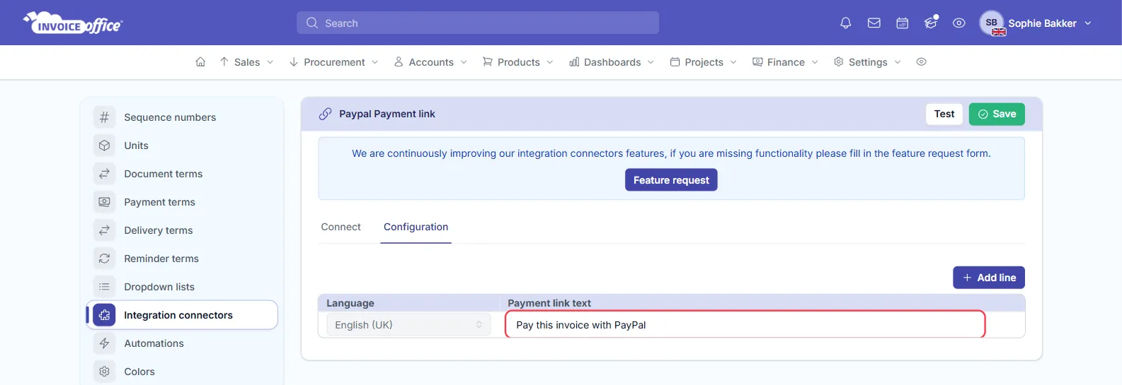 The Configuration tab of the PayPal payment link connector, with a Payment link text table holding one row for English (UK) reading Pay this invoice with PayPal, and an Add line button; the text field is outlined in red