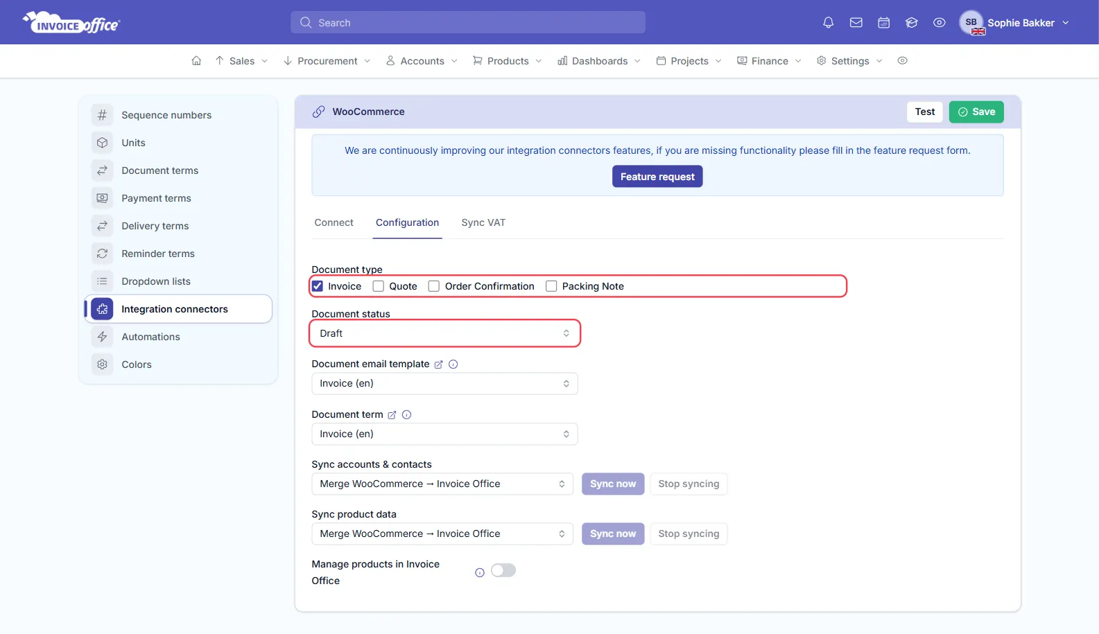 The Configuration tab of the WooCommerce connector in Invoice Office with Invoice ticked under Document type and Document status set to Draft, both outlined in red, above the Document email template, Document term, Sync accounts and contacts, Sync product data and Manage products in Invoice Office settings